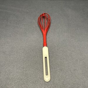 Vintage Bonny Red Balloon Whisk White Handle Rubber Coated Retro Kitchen Utensil